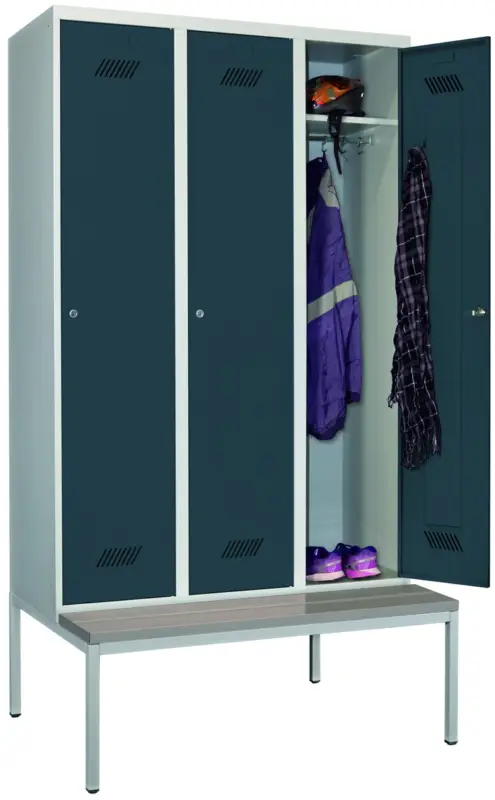 Angebot Pavoy Spind mit Sitzbank PVC hellgrau 2150 x 1200 x 500 mm - 3 Abteile mit Zylinderschloss - RAL 7035 7016