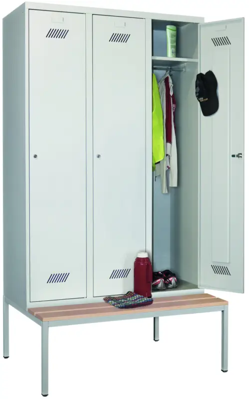 Pavoy Spind mit Sitzbank Holz Buche 2150 x 1200 x 500 mm - 3 Abteile mit Zylinderschloss - RAL 7035 Nur Für Kurze Zeit