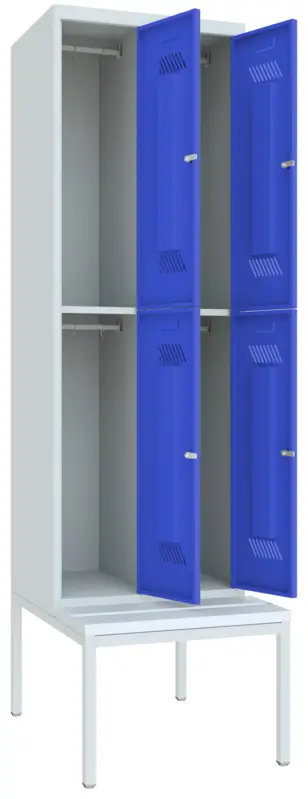 Pavoy Schließfach Spind mit Sitzbank PVC weiß 2150 x 600 x 500 mm - 4 Abteile mit Drehriegel - RAL 7035 5010 Rabatt