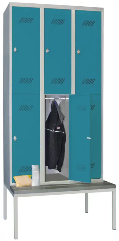 Pavoy Schließfach Spind mit Sitzbank PVC hellgrau 2150 x 900 x 500 mm - 6 Abteile mit Drehriegel - RAL 7035 5012 Finale Aktion