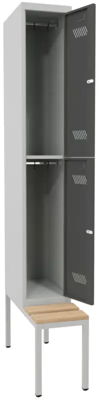 Pavoy Schließfach Spind mit Sitzbank Holz Buche 2150 x 300 x 500 mm - 2 Abteile mit Drehriegel - RAL 7035 7016 Neue Kollektion