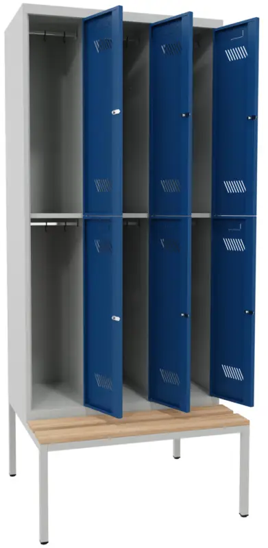 Jetzt Bestellen Pavoy Schließfach Spind mit Sitzbank Holz Buche 2150 x 900 x 500 mm - 6 Abteile mit Drehriegel - RAL 7035 5010