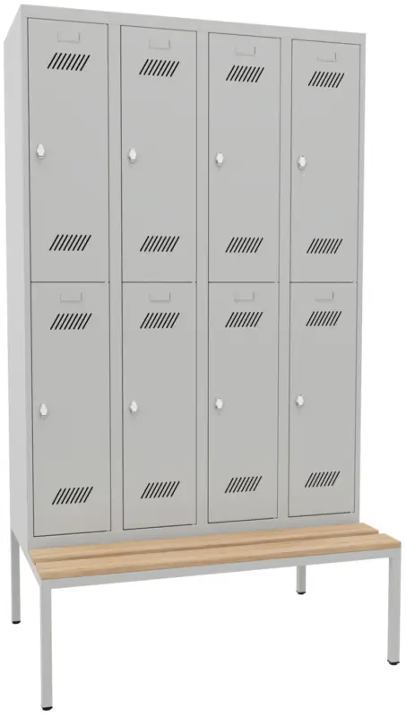 Jetzt Bestellen Pavoy Schließfach Spind mit Sitzbank Holz Buche 2150 x 1200 x 500 mm - 8 Abteile mit Drehriegel - RAL 7035