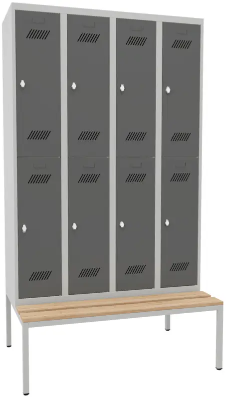 Pavoy Schließfach Spind mit Sitzbank Holz Buche 2150 x 1200 x 500 mm - 8 Abteile mit Drehriegel - RAL 7035 7016 Preisreduziert