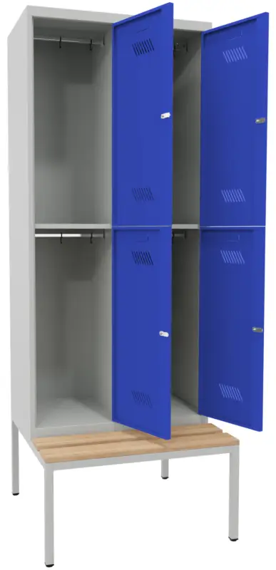 Kracherpreis Pavoy Schließfach Spind mit Sitzbank Holz Buche 2150 x 800 x 500 mm - 4 Abteile mit Drehriegel - RAL 7035 5010