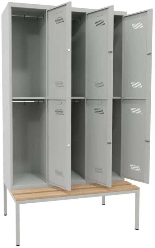 Preiswert Pavoy Schließfach Spind mit Sitzbank Holz Buche 2150 x 1200 x 500 mm - 6 Abteile mit Drehriegel - RAL 7035