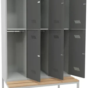 Finale Aktion Pavoy Schließfach Spind mit Sitzbank Holz Buche 2150 x 1200 x 500 mm - 6 Abteile mit Drehriegel - RAL 7035 7016
