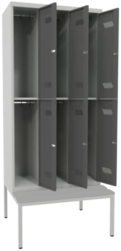 Pavoy Schließfach Spind mit Sitzbank PVC hellgrau 2150 x 1200 x 500 mm - 6 Abteile mit Zylinderschloss - RAL 7035 7016 Top-Preis