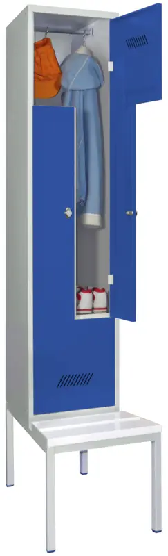 Expressversand Pavoy Z-Spind mit Sitzbank PVC weiß 2150 x 400 x 500 mm - 2 Abteile mit Drehriegel - RAL 7035 5010
