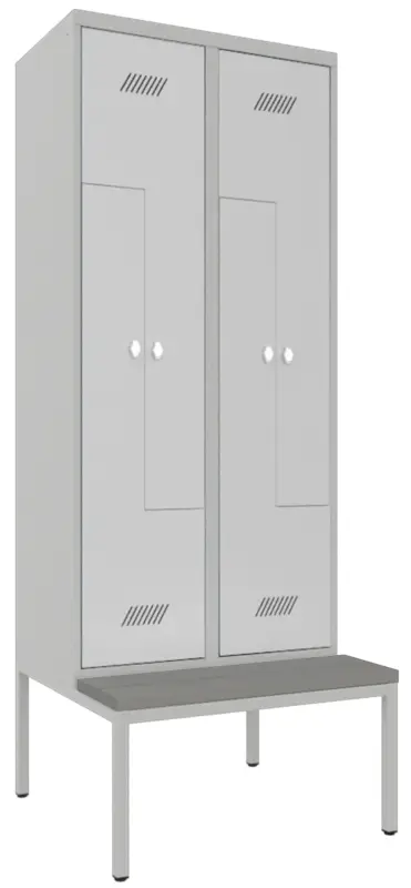 Pavoy Z-Spind mit Sitzbank PVC hellgrau 2150 x 800 x 500 mm - 4 Abteile mit Drehriegel - RAL 7035 Finale Aktion