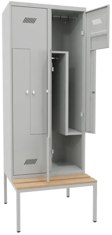 Pavoy Z-Spind mit Sitzbank Holz Buche 2150 x 800 x 500 mm - 4 Abteile mit Drehriegel - RAL 7035 Heißes Angebot