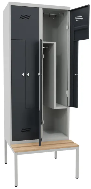 Preisreduziert Pavoy Z-Spind mit Sitzbank Holz Buche 2150 x 800 x 500 mm - 4 Abteile mit Drehriegel - RAL 7035 7016