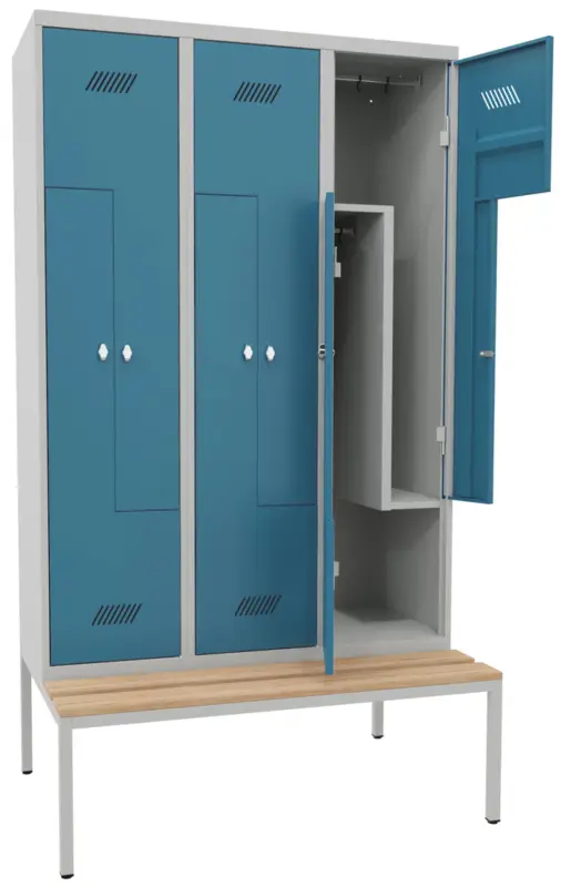 Pavoy Z-Spind mit Sitzbank Holz Buche 2150 x 1200 x 500 mm - 6 Abteile mit Drehriegel - RAL 7035 5012 Abverkauf