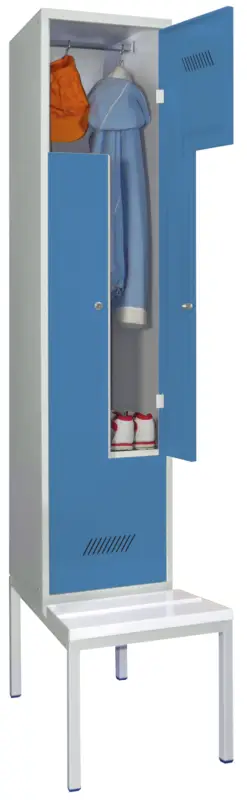 Neue Ware Pavoy Z-Spind mit Sitzbank PVC weiß 2150 x 400 x 500 mm - 2 Abteile mit Zylinderschloss - RAL 7035 5012