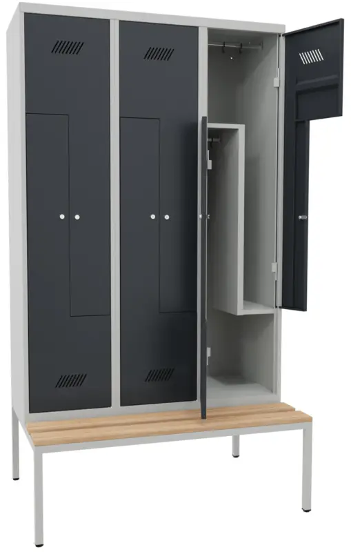 Pavoy Z-Spind mit Sitzbank Holz Buche 2150 x 1200 x 500 mm - 6 Abteile mit Zylinderschloss - RAL 7035 7016 Finale Aktion