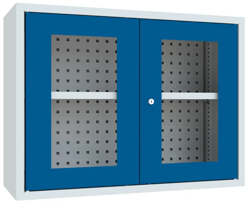 Preisknaller Pavoy Hängeschrank mit Sichtfenstertüren 600 x 800 x 300 mm - Rückwand gelocht - RAL 7035 5010