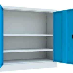 Jetzt Kaufen Pavoy Flügeltürenschrank mit Vollblechtüren 1000 x 1000 x 400 mm - 2 Fachböden pulverbeschichtet - RAL 7035 5012