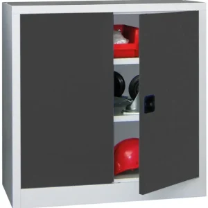 Expressversand Pavoy Flügeltürenschrank mit Vollblechtüren 1000 x 1000 x 600 mm - 2 Fachböden pulverbeschichtet - RAL 7035 7016
