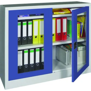 Preisreduziert Pavoy Flügeltürenschrank mit Sichtfenstertüren 1000 x 1200 x 400 mm - 2 Fachböden pulverbeschichtet - RAL 7035 5010