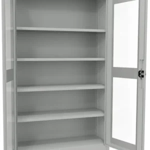 Geprüft Pavoy Flügeltürenschrank mit Sichtfenstertüren 1950 x 1200 x 400 mm - 4 Fachböden pulverbeschichtet - RAL 7035