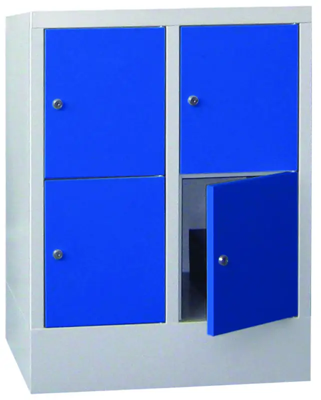 Pavoy Schließfachschrank mit Sockel und Vollblechtüren 855 x 600 x 500 mm - 2 x 2 Fächer mit Drehriegel - RAL 7035 5010 Neue Ware
