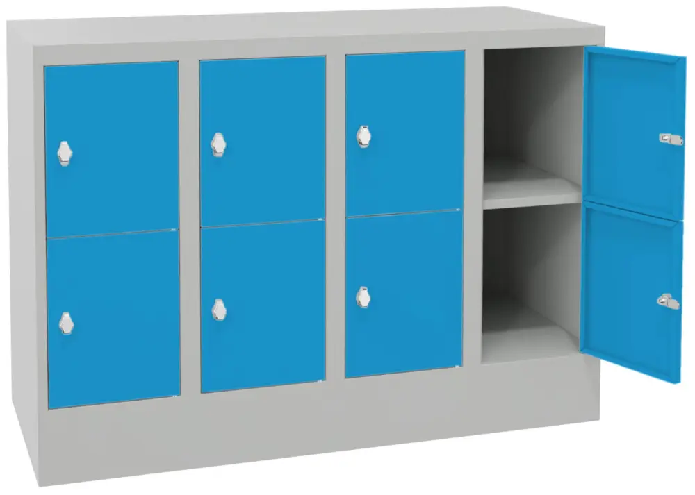 Pavoy Schließfachschrank mit Sockel und Vollblechtüren 855 x 1200 x 500 mm - 2 x 4 Fächer mit Drehriegel - RAL 7035 5012 Preis Gesenkt