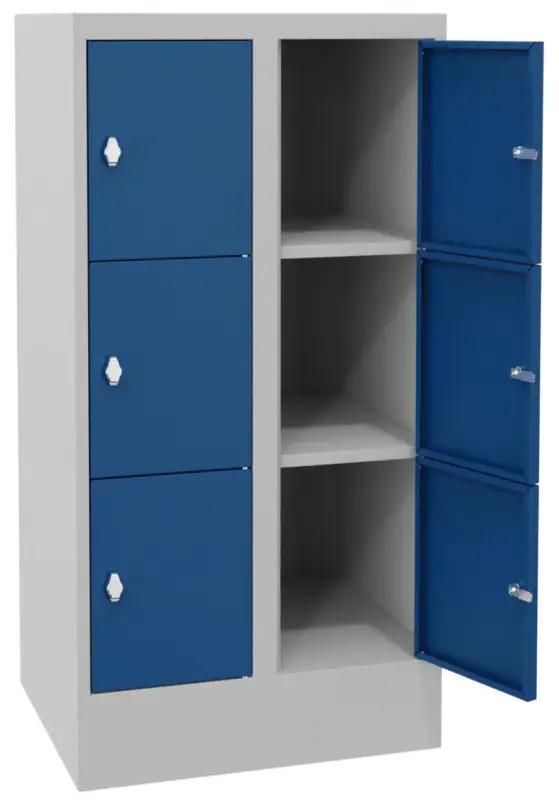 Pavoy Schließfachschrank mit Sockel und Vollblechtüren 1187 x 600 x 500 mm - 3 x 2 Fächer mit Drehriegel - RAL 7035 5010 Begrenztes Angebot