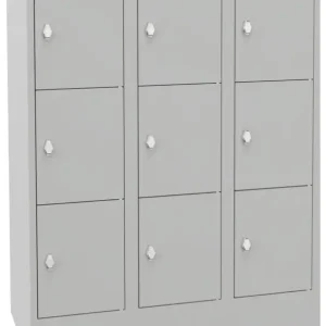 Echt Pavoy Schließfachschrank mit Sockel und Vollblechtüren 1187 x 900 x 500 mm - 3 x 3 Fächer mit Drehriegel - RAL 7035