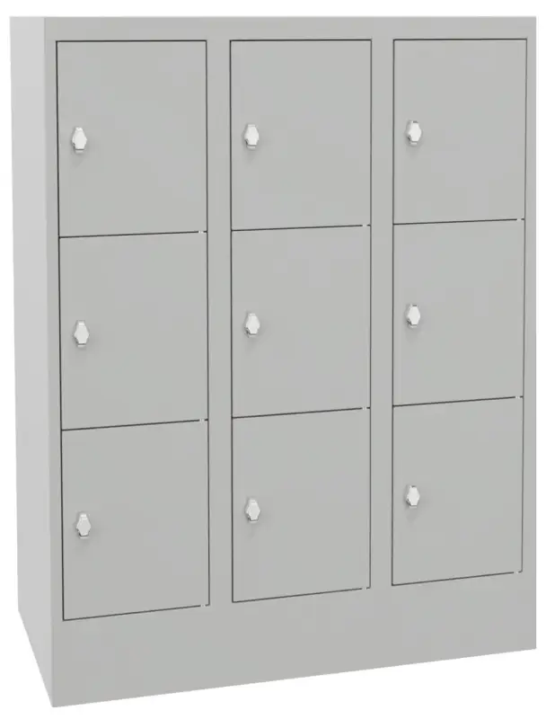 Echt Pavoy Schließfachschrank mit Sockel und Vollblechtüren 1187 x 900 x 500 mm - 3 x 3 Fächer mit Drehriegel - RAL 7035