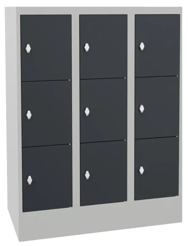Pavoy Schließfachschrank mit Sockel und Vollblechtüren 1187 x 900 x 500 mm - 3 x 3 Fächer mit Drehriegel - RAL 7035 7016 Wochenendangebot