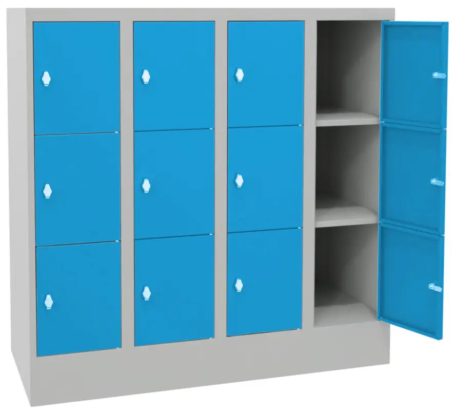 Pavoy Schließfachschrank mit Sockel und Vollblechtüren 1187 x 1200 x 500 mm - 3 x 4 Fächer mit Drehriegel - RAL 7035 5012 Begrenztes Angebot