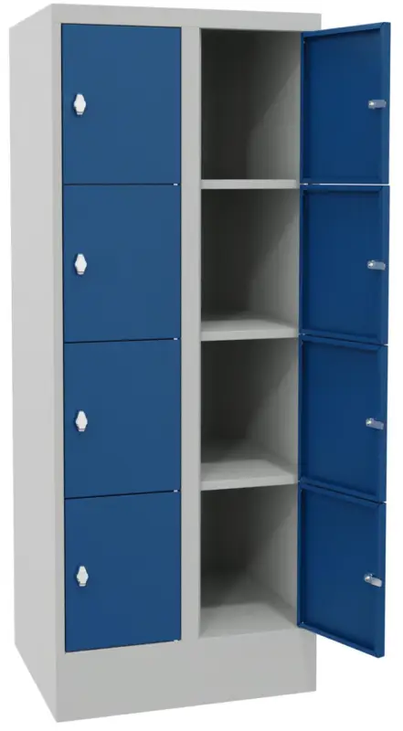 Pavoy Schließfachschrank mit Sockel und Vollblechtüren 1518 x 600 x 500 mm - 4 x 2 Fächer mit Drehriegel - RAL 7035 5010 Expressversand