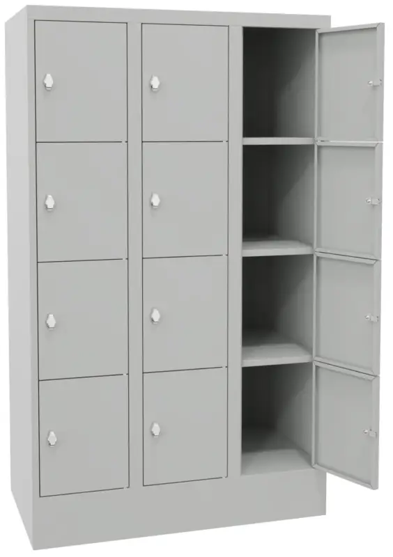 Pavoy Schließfachschrank mit Sockel und Vollblechtüren 1518 x 900 x 500 mm - 4 x 3 Fächer mit Drehriegel - RAL 7035 Direktkauf