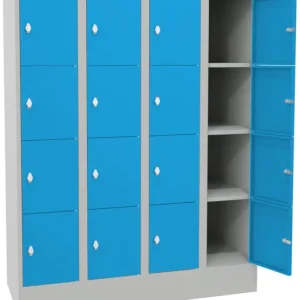 Neu Pavoy Schließfachschrank mit Sockel und Vollblechtüren 1518 x 1200 x 500 mm - 4 x 4 Fächer mit Drehriegel - RAL 7035 5012