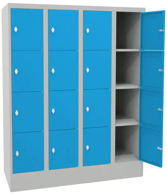 Neu Pavoy Schließfachschrank mit Sockel und Vollblechtüren 1518 x 1200 x 500 mm - 4 x 4 Fächer mit Drehriegel - RAL 7035 5012