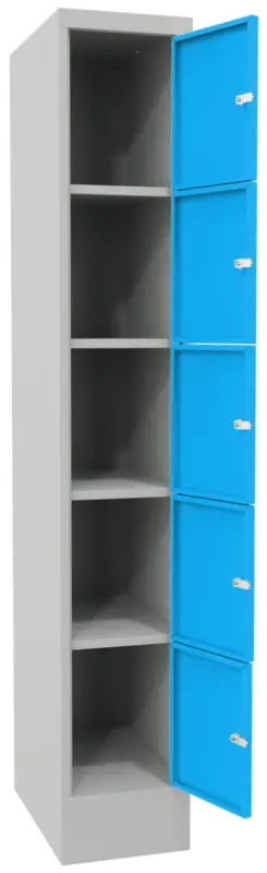 Pavoy Schließfachschrank mit Sockel und Vollblechtüren 1850 x 300 x 500 mm - 5 x 1 Fächer mit Drehriegel - RAL 7035 5012 Abverkauf