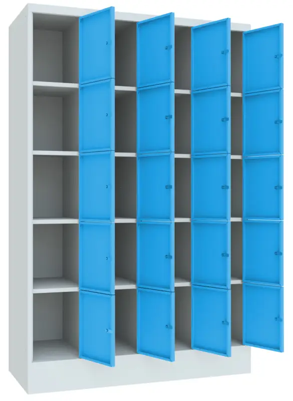 Pavoy Schließfachschrank mit Sockel und Vollblechtüren 1850 x 1200 x 500 mm - 5 x 4 Fächer mit Drehriegel - RAL 7035 5012 Nur Für Kurze Zeit