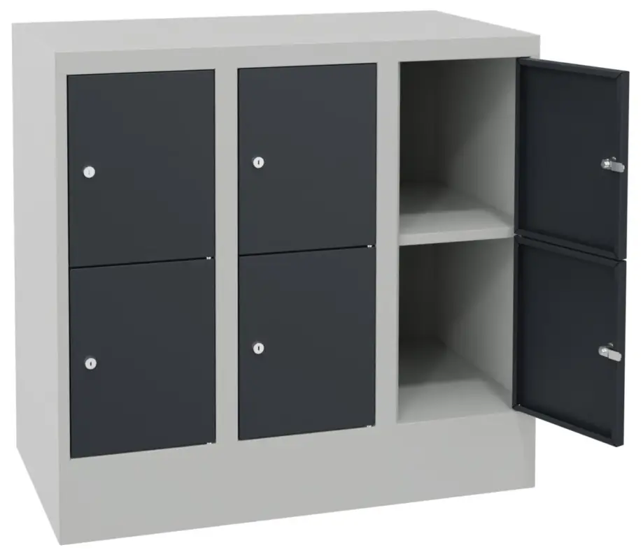 Pavoy Schließfachschrank mit Sockel und Vollblechtüren 855 x 900 x 500 mm - 2 x 3 Fächer mit Zylinderschloss - RAL 7035 7016 Expressversand