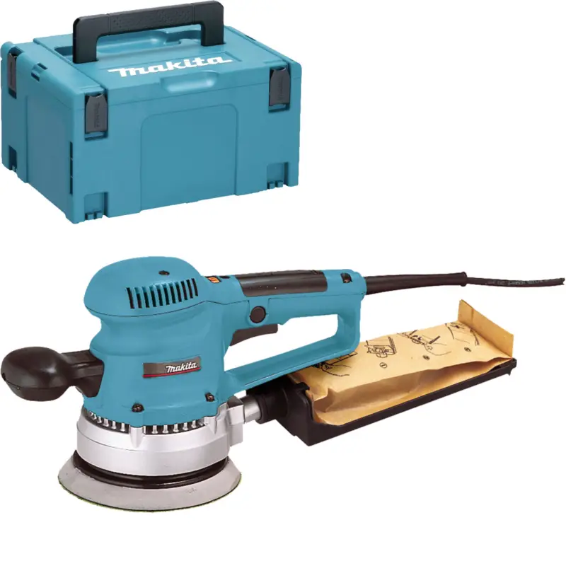Garantierte Lieferung Makita BO6030JX Exzenterschleifer 310 W 150 mm + Schleifpapier-Set im MAKPAC