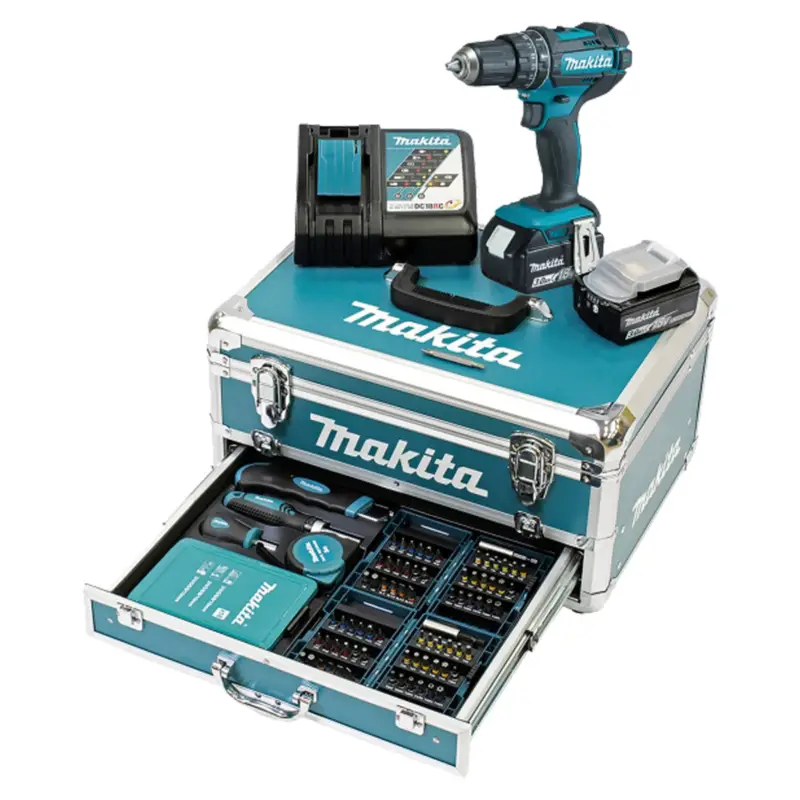 Makita DHP482RFX9 Akku-Schlagbohrschrauber 18V /2x 3,0 Ah Akku + Ladegerät inkl. 96tlg. Zubehör-Set im Alukoffer Knallerangebot