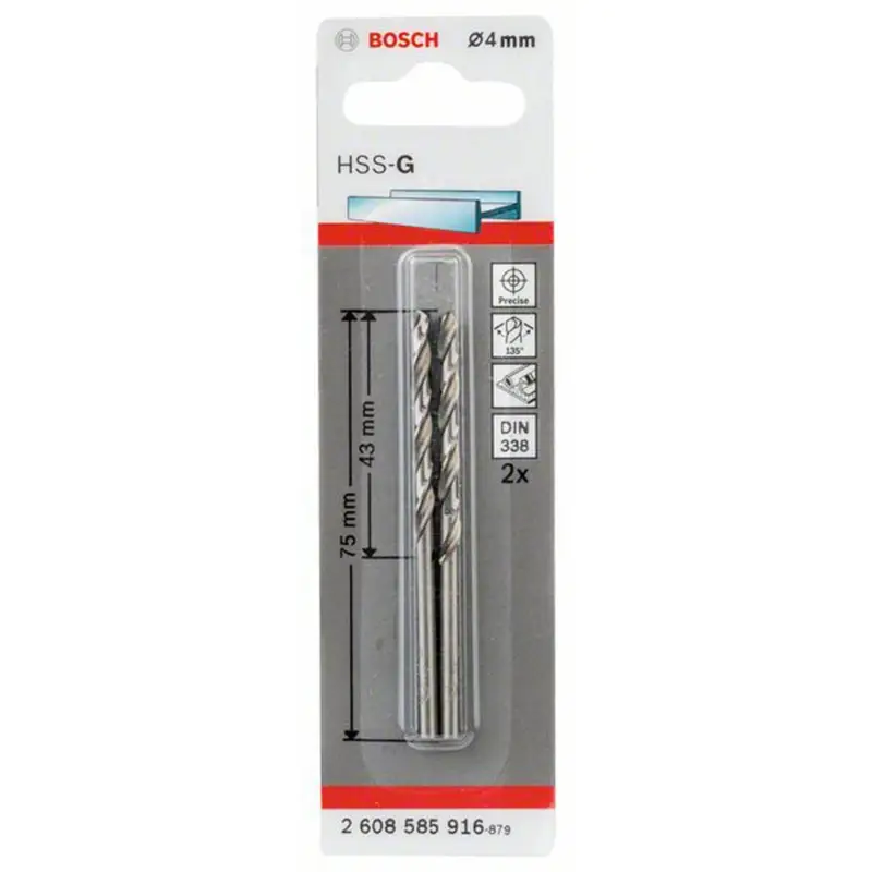 Bosch 2x Metallbohrer HSS-G DIN 338 4 x 43 x 75 mm - 2608585916 Geprüft