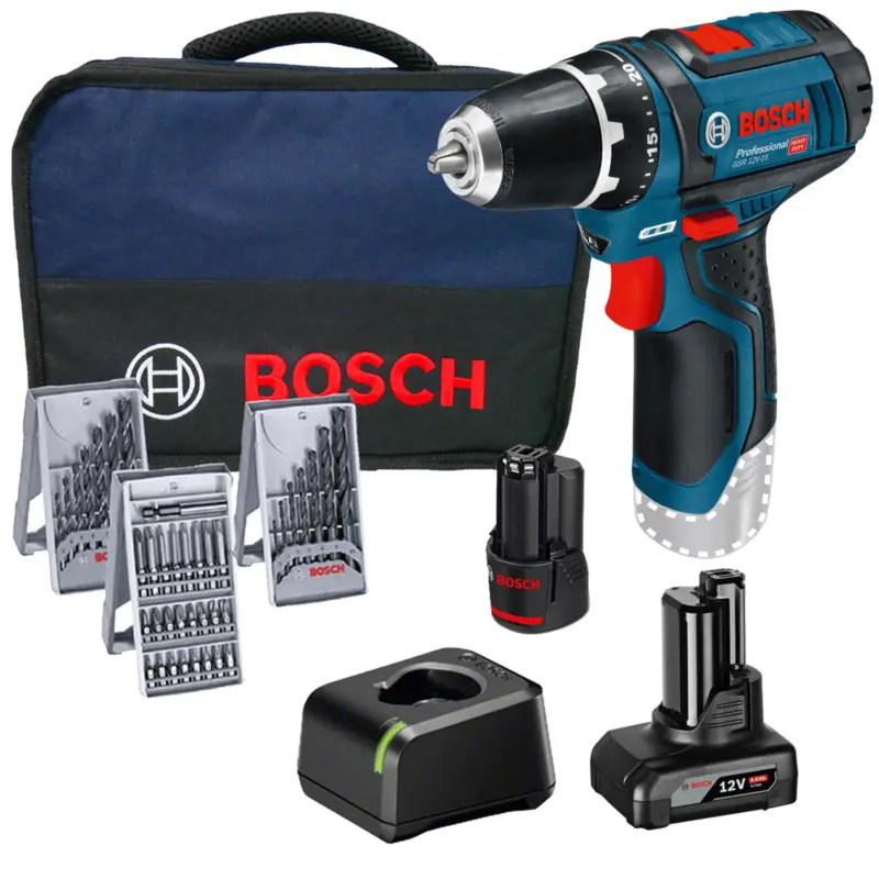 Preisknaller Bosch Akku-Bohrschrauber GSR 12V-15 / 1x 2,0 Ah + 1x 4,0 Ah Akku + Ladegerät inkl. Bit- und Bohrer-Set im Softbag - 0615990G6L