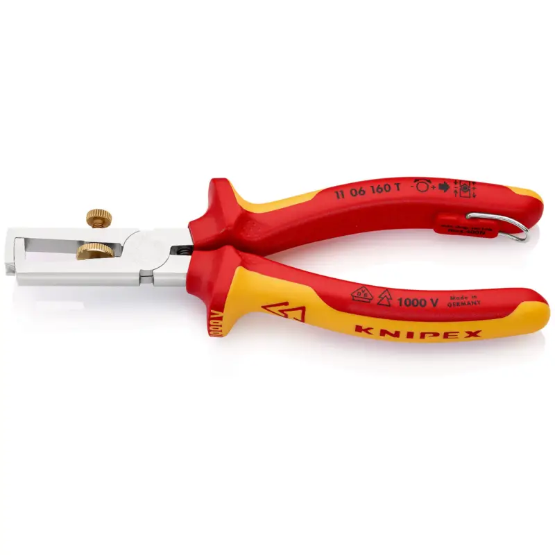 Knipex Abisolierzange mit Befestigungsöse verchromt, isoliert mit Mehrkomponenten-Hüllen, VDE-geprüft; mit integrierter isolierter Befestigungsöse zum Anbringen einer Absturzsicherung 160 mm - 1106160TBK Top-Angebot