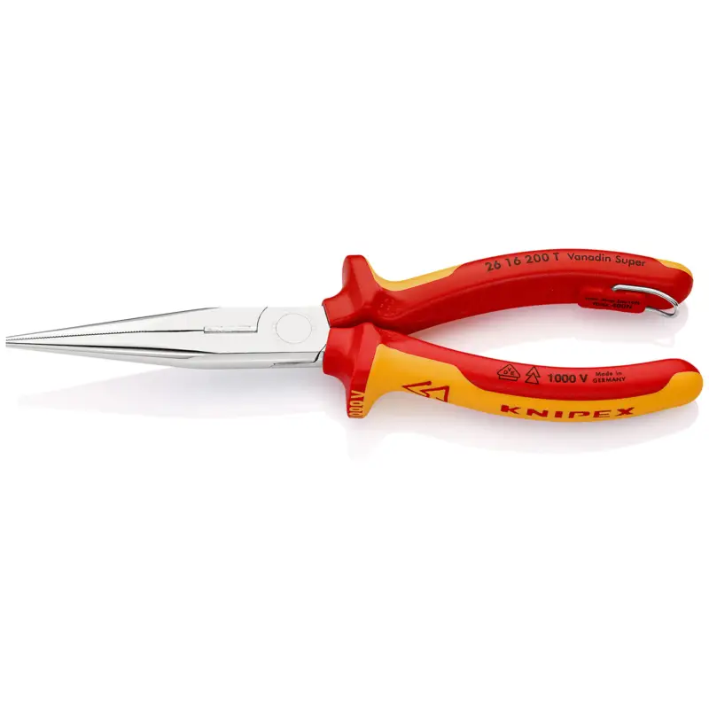 Knipex Flachrundzange mit Schneide/Befestigungsöse verchromt, isoliert mit Mehrkomponenten-Hüllen, VDE-geprüft; mit integrierter isolierter Befestigungsöse zum Anbringen einer Absturzsicherung 200 mm - 2616200TBK Nur Für Kurze Zeit