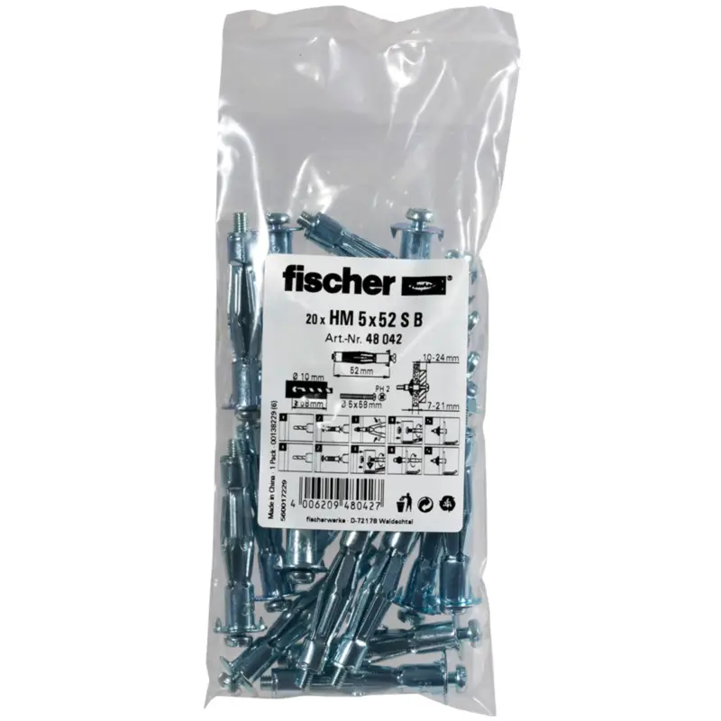 Fischer 20x Hohlraum-Metalldübel HM 5 x 52 S B im Beutel - 048042 Sonderaktion