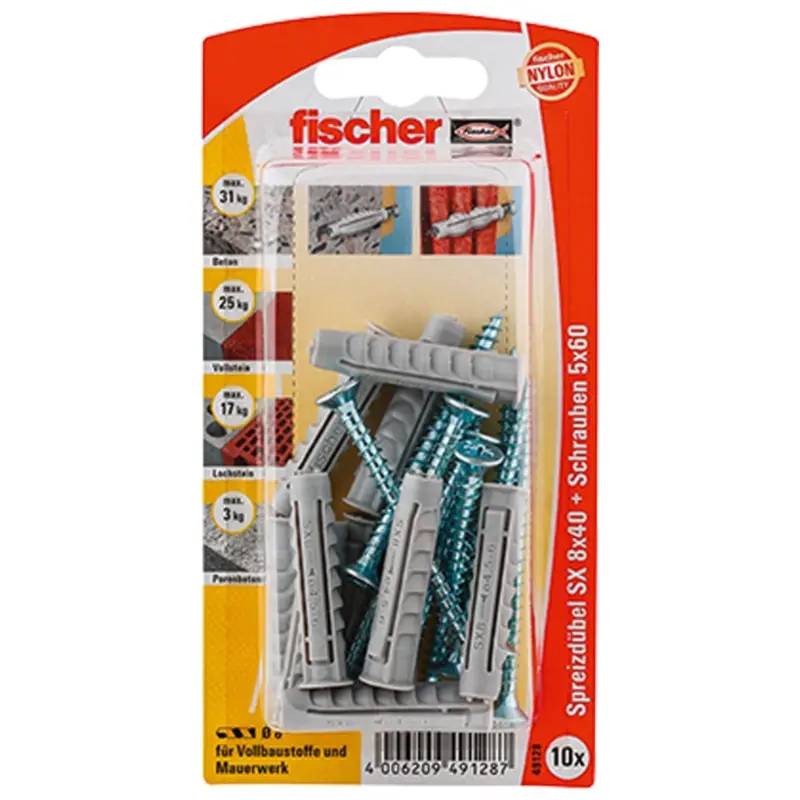 Fischer 10x Dübel SX 8x40 S mit Schraube - 49128 Auslauf Expressversand