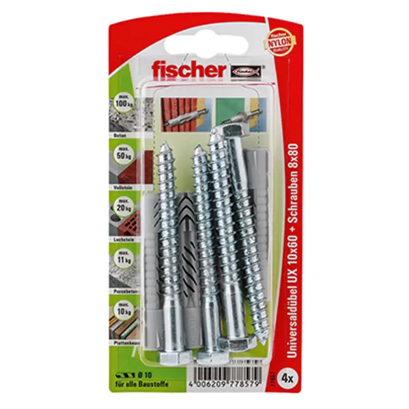 Expressversand Fischer 4x Universaldübel UX 10 x 60 mm S mit Schraube - 77857