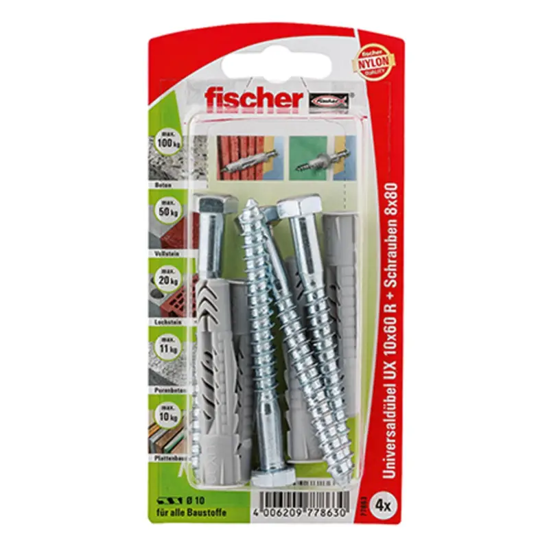 Fischer 4x Universaldübel UX 10 x 60 mm R S mit Rand und Schraube - 77863 Jetzt Kaufen