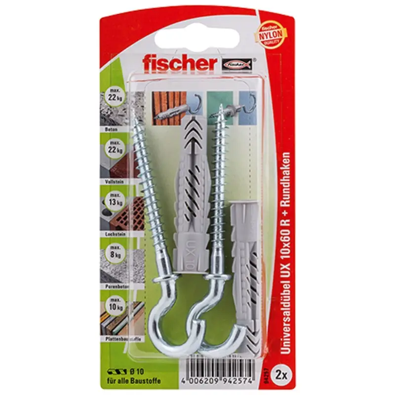 Fischer 2x Universaldübel UX 10x60 R RH mit Rundhaken - 94257 Sonderaktion