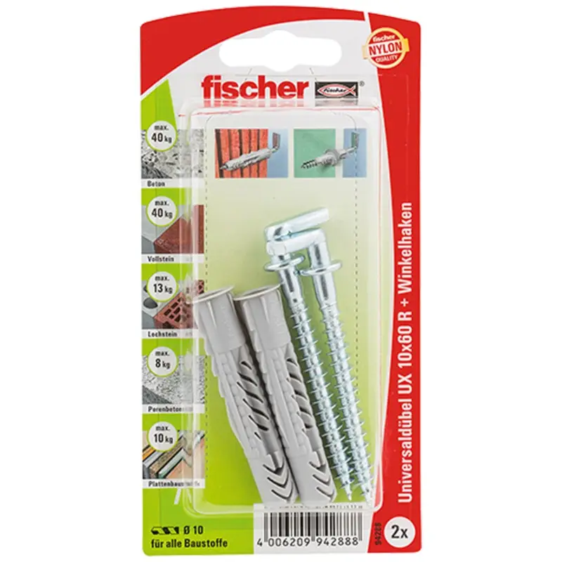Fischer 2x Universaldübel UX 10x60 R WH mit Winkelhaken - 94288 Top-Angebot